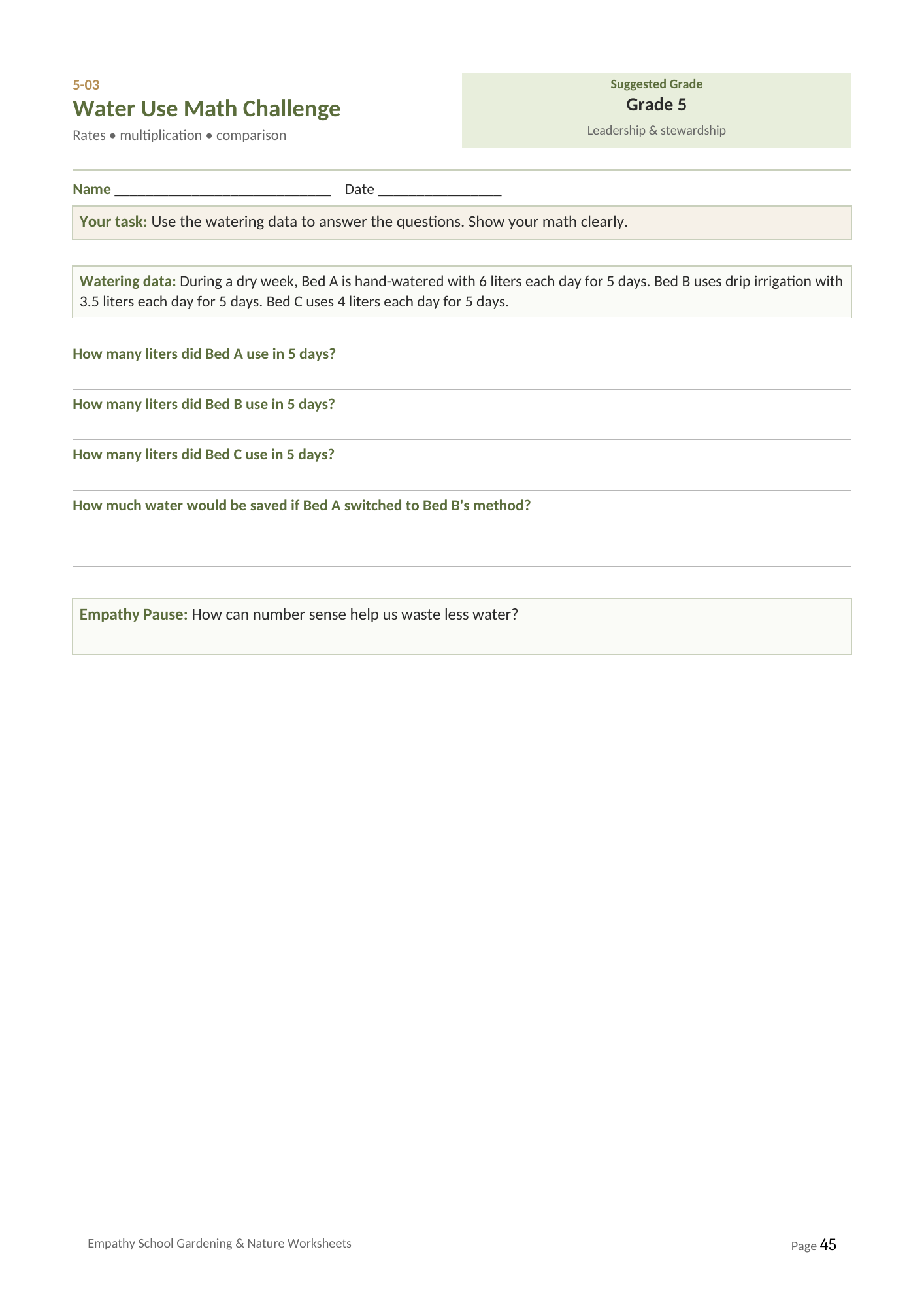 Water Use Math Challenge