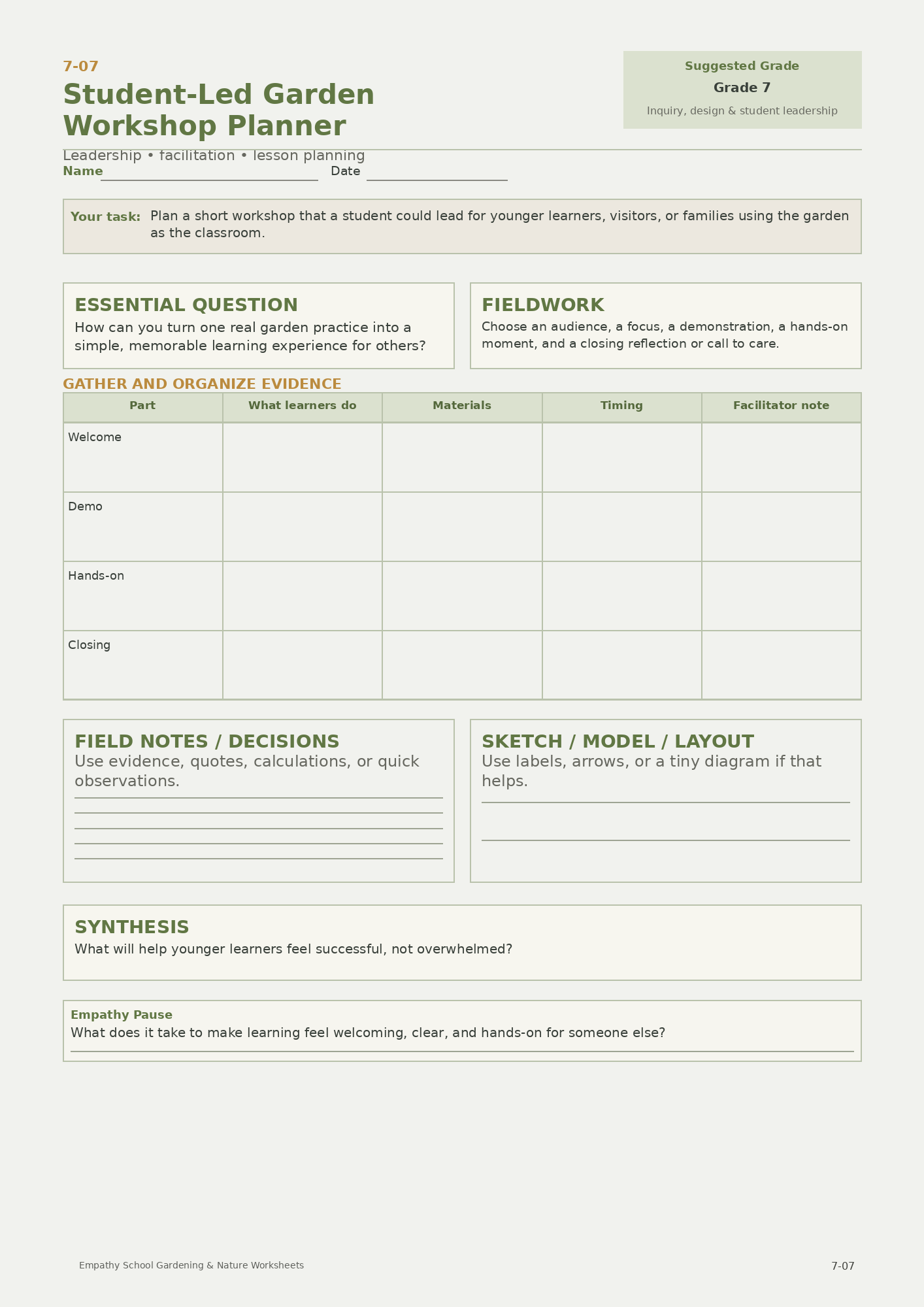 Student Led Garden Workshop Planner